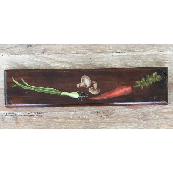 Primitive Wood Plaque Rustic Kitchen Hand Painted Carrot Mushroom Onion Signed - Picture 1 of 8